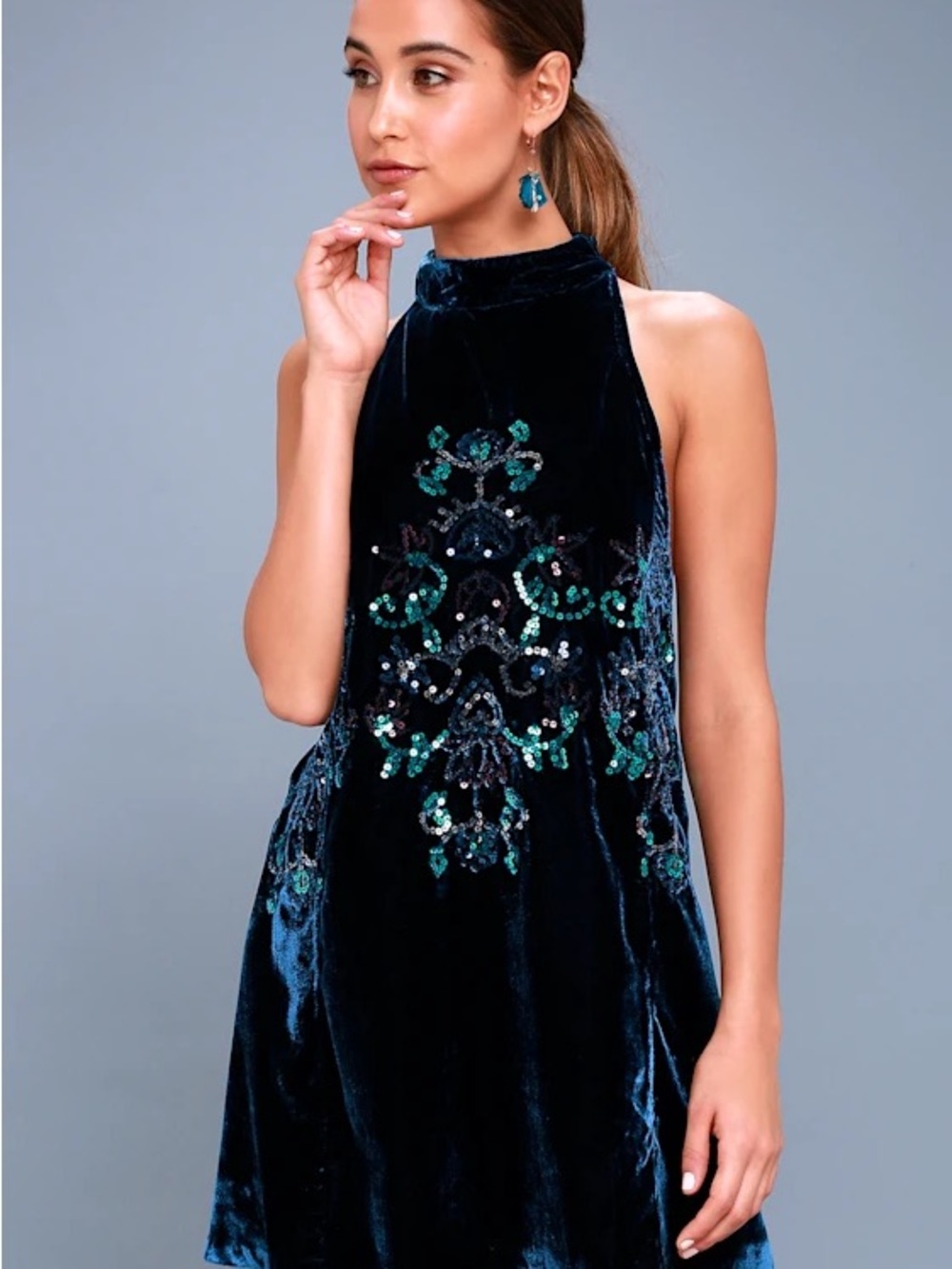 Free People Jills Velvet Mini Dress with Teal Sequin Embroidery